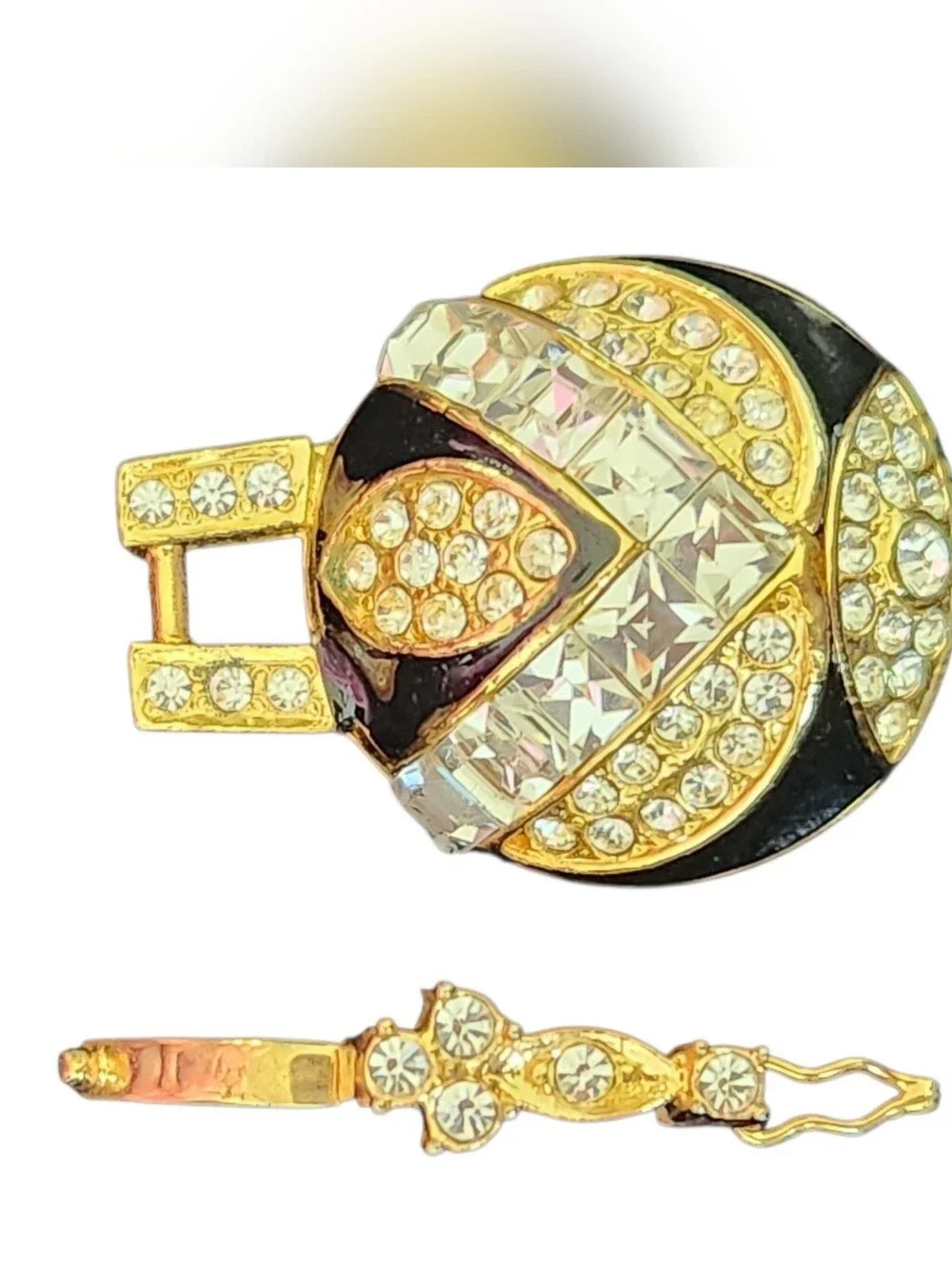 Vintage Crystal Orb Pendant Statement Gold Tone Black Enamel Half-Dome ✨️‎
